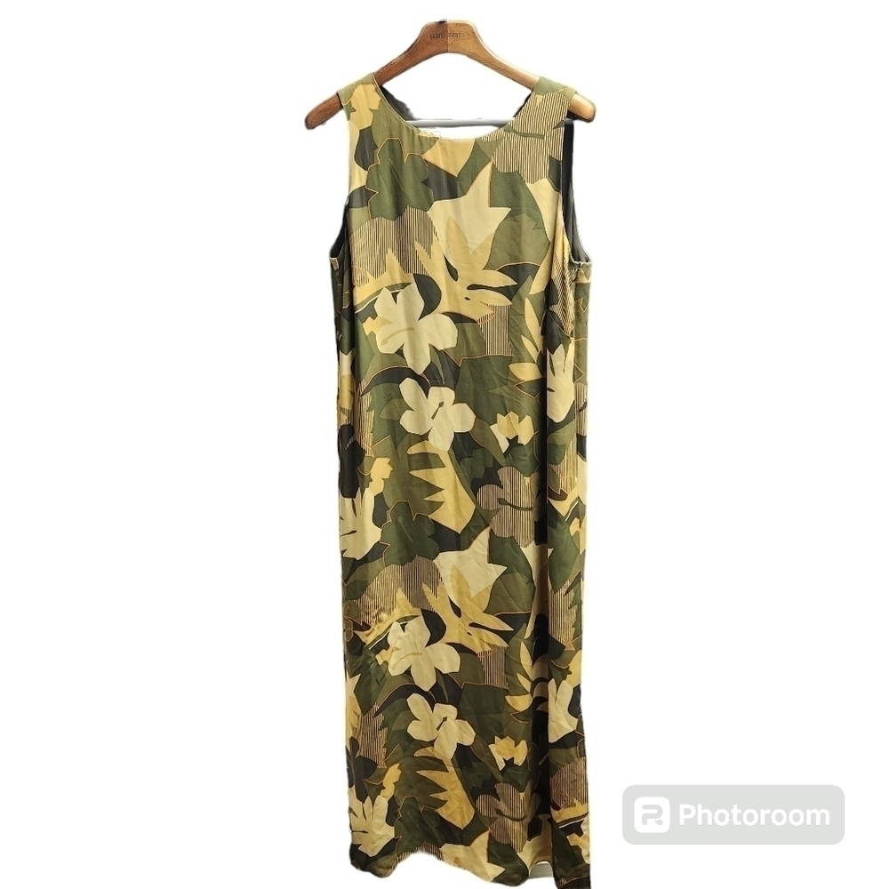 100% Silk Vintage Rena Rowan Green Botanical Midi Dress Sz. 16